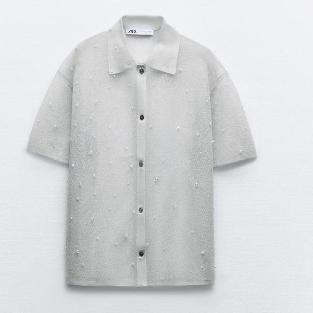 Zara Pearl trim semi sheer knit shirt - Picture 3 of 13